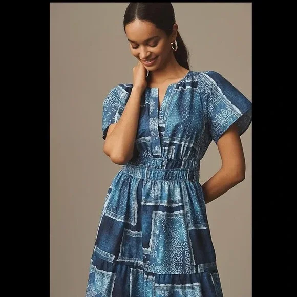 Anthro Maeve Somerset Maxi Dress XL Blue Bandana Cotton Smocked Waist NWT - Picture 5 of 13